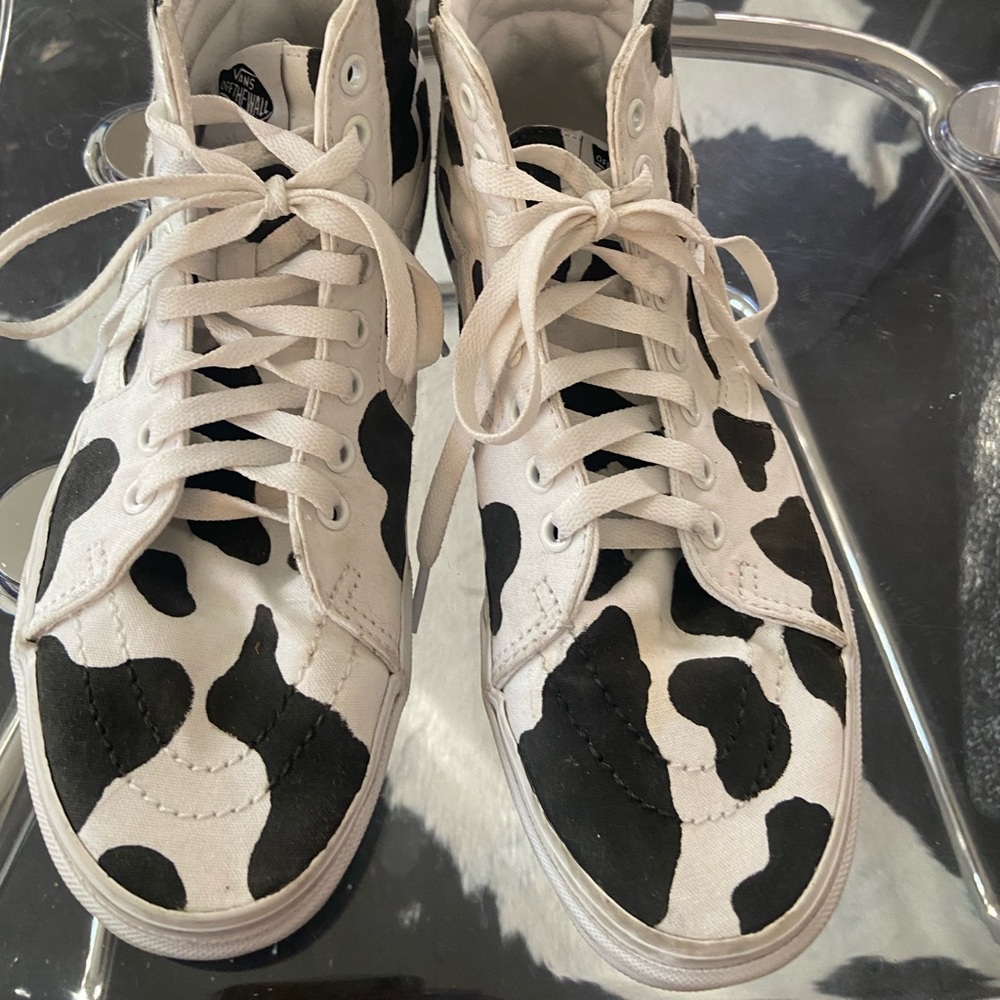 Vans high top sneakers. Hand painted cow print. Size 8